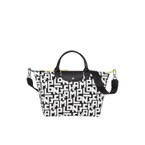 Handbags Longchamp M Lona Negras Blancas | 074362PMY
